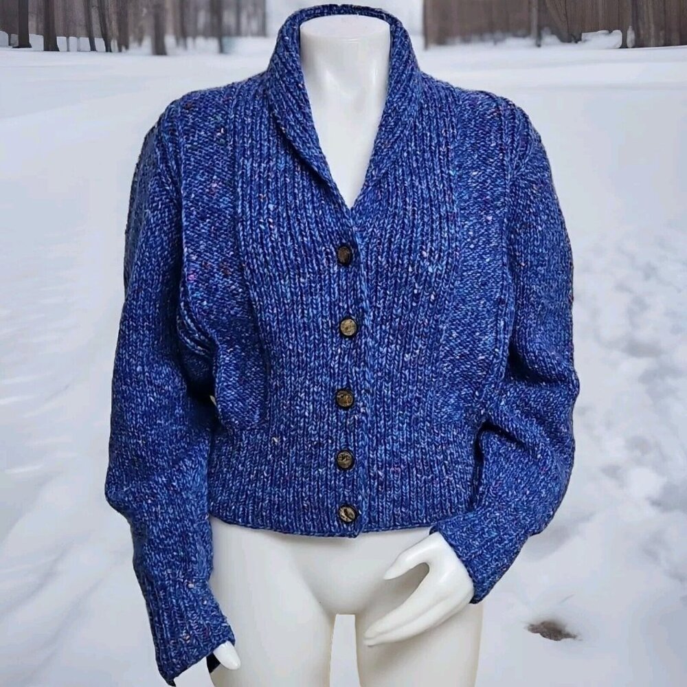 Vtg Ravelry Wool Sweater Womens M/L Purple Blue Fleck Chunky Knit Cardigan Mari